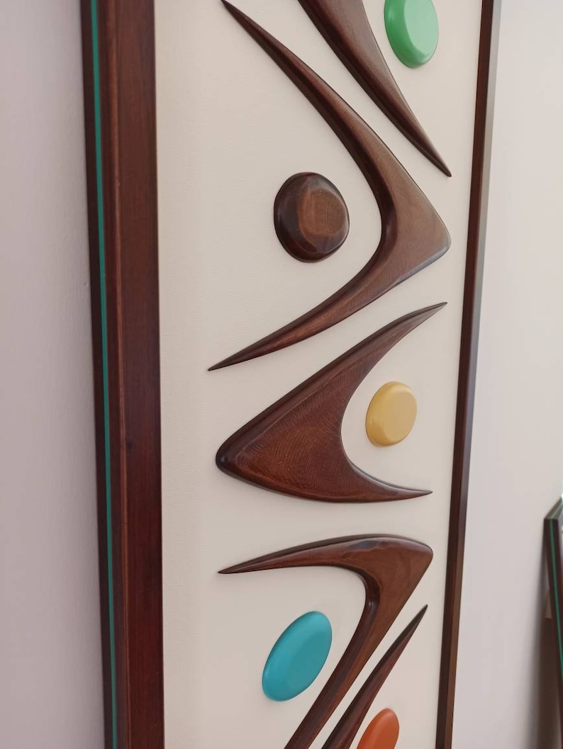 Mid Century Modern Holz Wandkunst mit Tribal Design, Retro Farben Kunstwerk, 50x40 cm Bild 10