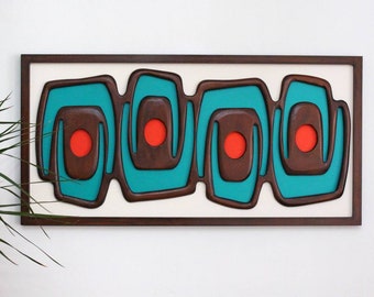 Wandkunst aus Holz aus der Mitte des Jahrhunderts – von Witco inspirierte geschnitzte Holzwandskulptur mit blaugrünen und orangen Farben, MCM-Wanddekoration, Wohndekoration aus der Eames-Ära
