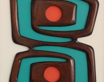 Rustic Mid Century Modern Wall Art, Carved wood wall sculpture , Teal and orange, 20x40 inches