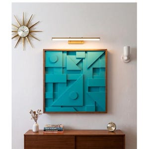 Mid Century Modern Geometric Wood Wall Art – Teal Bauhaus Sculpture, Layered Statement Piece