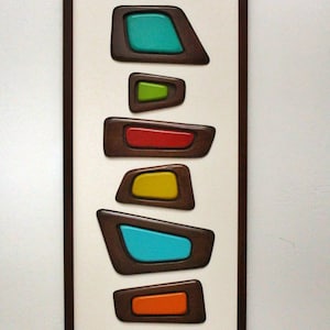 Mid Century Modern Wood Wall Art: Colorful Trapezoid Sculpture