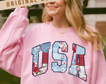 USA Png Patchwork 4th of July Sublimation Designs USA Varsity Tshirt Designs Floral Red White Blue Clipart Fourth of July Cute Patriotic Png