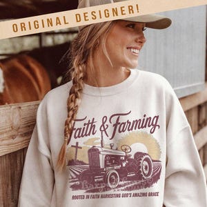 Modèles de t-shirt avec tracteur vintage PNG Faith & Farming Modèles de sublimation de fermiers chrétiens Citation de ferme populaire Fichiers Png FFA DTF Transfers Ag