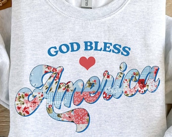 God Bless America PNG Patriotic 4th of July Patchwork Floral Sublimation Designs Trendy Summer Tshirt Designs