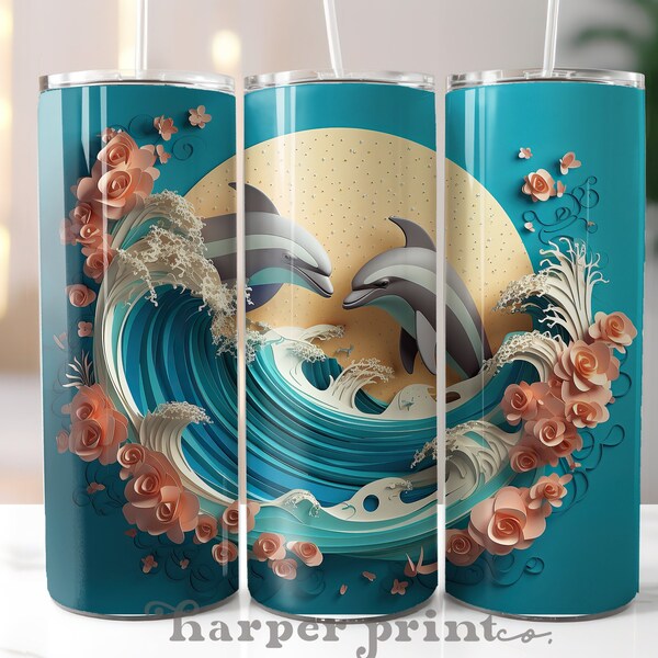 3D Tumbler PNG Wrap Dauphins Sublimation Designs 20 oz Skinny Tumbler Straight 20oz Tumblers 3D Tumbler Design Trendy Summer Tumbler Dolphin