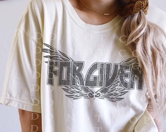 Descargas de diseños PNG de sublimación "Perdonado", archivos PNG cristianos para impresión DTG, imágenes PNG de Jesús, ropa estética, diseños de camisetas de bandas vintage.
