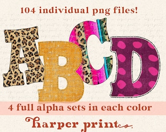 Alphabet Bundle Western Font Letters Leopard Print PNG Serape Alpha Pack for Sublimation Designs Digital Download Commercial Use