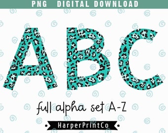 Turquoise Leopard Print Alphabet PNG Faux Applique Font Letters Sublimation Designs Digital Download