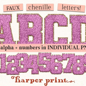May include: Pink faux chenille letters and numbers with gold glitter trim. The letters spell out "ABCD" and the numbers are "0123456789". The text "FAUX chenille letters!" and "full alpha + numbers in INDIVIDUAL PNGs!" is also included in the image. The text "harper printo." is at the bottom of the image.