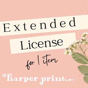 May include: A digital graphic on a pink background featuring the text Extended License for 1 item and Harper print co. in white and black fonts. A sprig of white flowers with green leaves is on the right side, next to a grid-patterned paper edge.