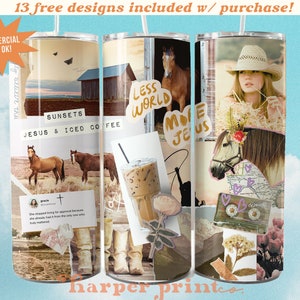 May include: Three stainless steel tumblers with different designs. The first tumbler features a sunset scene with a barn, horses, and the text "Sunsets Jesus & Iced Coffee". The second tumbler features a cowboy boot, a cup of iced coffee, and the text "Less World More Jesus". The third tumbler features a woman wearing a cowboy hat, a horse, and a cassette tape.