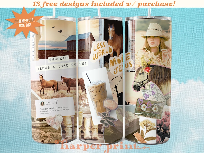 May include: Three stainless steel tumblers with different designs. The first tumbler features a sunset scene with a barn, horses, and the text "Sunsets Jesus & Iced Coffee". The second tumbler features a cowboy boot, a cup of iced coffee, and the text "Less World More Jesus". The third tumbler features a woman wearing a cowboy hat, a horse, and a cassette tape.