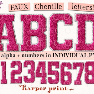 May include: A set of pink faux chenille letters and numbers with silver glitter accents. The letters are A, B, C, and D. The numbers are 0, 1, 2, 3, 4, 5, 6, 7, 8, and 9. The text "COMMERCIAL USE OK!" and "FAUX Chenille letters!" is visible in the image. The text "full alpha + numbers in INDIVIDUAL PNGS!" is also visible. The text "harper printeo." is visible at the bottom of the image.