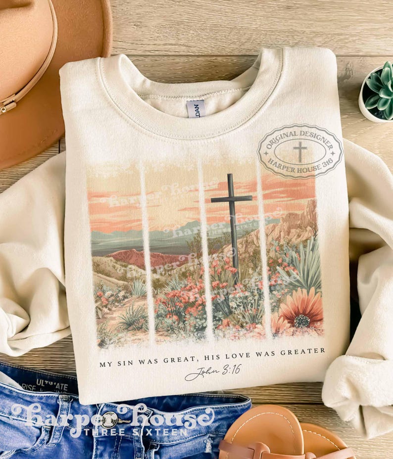 Popular PNG Christian Tote Bag Designs Boho Desert PNG Watercolor Cross Clipart Aesthetic Brushstroke Png My Sin Was Great T Shirt Designs image 2