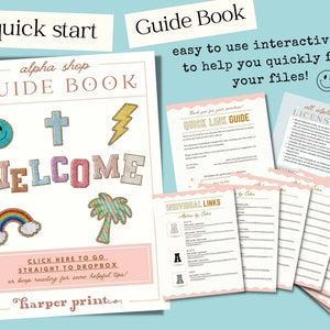 May include: A pink and white guide book with the title "alpha shop GUIDE BOOK" and the text "WELCOME" in colorful letters. The book includes a quick link guide, license information, and additional links.