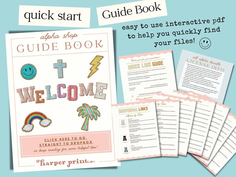May include: A pink and white guide book with the title "alpha shop GUIDE BOOK" and the text "WELCOME" in colorful letters. The book includes a quick link guide, license information, and additional links.