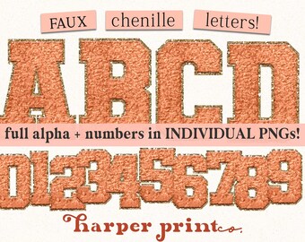 Peach Varsity Letters Faux Chenille Alphabet PNG, Patches, Sublimation Designs Downloads, Printable Alphabet Orange Alpha Pack Font Bundle