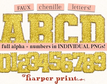 Varsity Letters Faux Chenille Alphabet PNG, Patches, Sublimation Designs Downloads, Printable Alphabet Yellow Alpha Pack Font Bundle