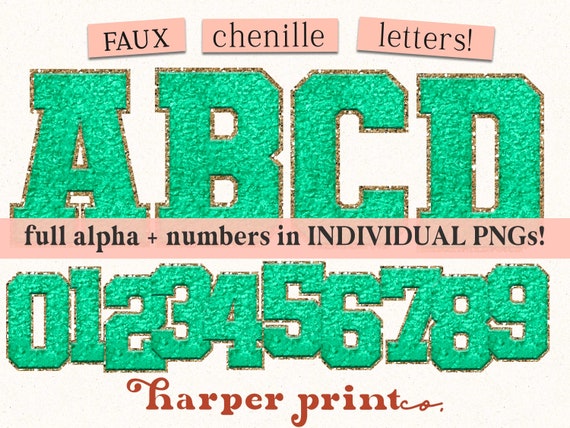 Green Faux Chenille Alphabet PNG Letters, Varsity Patches, Sublimation Designs Downloads, Printable Alphabet, Alpha Pack Font Bundle
