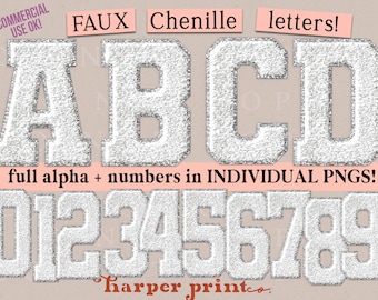 White and Silver Faux Chenille Alphabet PNG Varsity Letters, Sublimation Designs Downloads, PNG Bundle, Not SVG, Sports Font, Digital Alpha