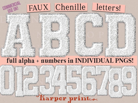 White and Silver Faux Chenille Alphabet PNG Varsity Letters, Sublimation Designs Downloads, PNG Bundle, Not SVG, Sports Font, Digital Alpha