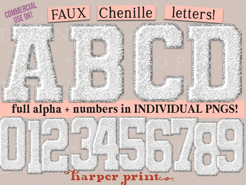 May include: White faux chenille letters and numbers in a varsity style font. The letters are A, B, C, and D. The numbers are 0, 1, 2, 3, 4, 5, 6, 7, 8, and 9. The letters and numbers are on a light pink background. The text "FAUX Chenille letters!" is at the top of the image. The text "full alpha + numbers in INDIVIDUAL PNGS!" is below the letters. The text "harper printco." is at the bottom of the image.