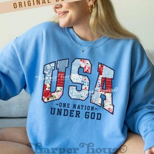 Puede incluir: Una sudadera azul claro con un gráfico de EE. UU. de estilo patchwork en rojo, blanco y azul. El gráfico está rodeado por un contorno azul marino y el texto "One Nation Under God" está impreso debajo.