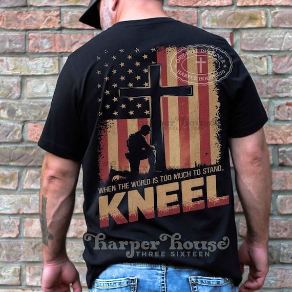 Kneel for the Cross PNG Christian Mens Shirt Designs Veterans Day Sublimation Designs Men DTF Transfers Cool Vintage Flag Shirt PNG Jesus