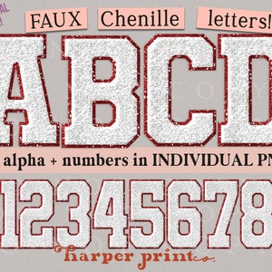 May include: White faux chenille letters with a red outline. The letters are A, B, C, and D. The numbers 0 through 9 are also included in the image. The text "full alpha + numbers in INDIVIDUAL PNGS!" and "harper printco." are also included in the image.