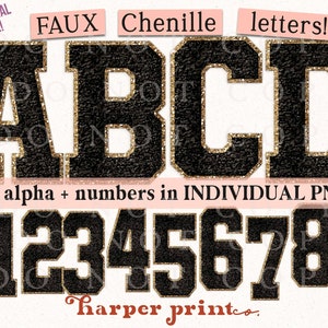Black and Gold Faux Chenille Alphabet PNG Varsity Letters, Sublimation Designs Downloads, PNG Bundle, Not SVG, Sports Font, Digital Patch