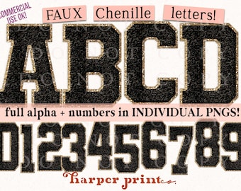 Black and Gold Faux Chenille Alphabet PNG Varsity Letters, Sublimation Designs Downloads, PNG Bundle, Not SVG, Sports Font, Digital Patch