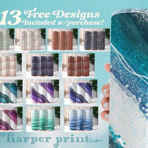 May include: 13 Free Designs Included w/ purchase! A collage of 13 different tumbler designs featuring various patterns and colors, including abstract, geometric, and animal print designs. The tumblers are all stainless steel and have a clear, glossy finish.