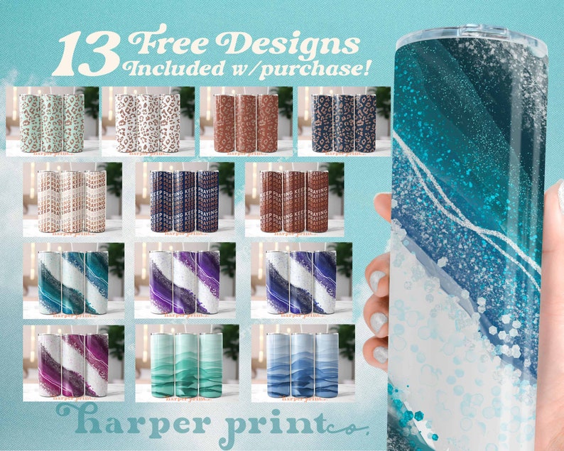 May include: 13 Free Designs Included w/ purchase! A collage of 13 different tumbler designs featuring various patterns and colors, including abstract, geometric, and animal print designs. The tumblers are all stainless steel and have a clear, glossy finish.