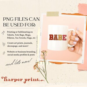 May include: A white ceramic mug with the word "BABE" in colorful letters. The mug is being held by a hand with light pink nail polish. The image is surrounded by pink and beige paper with a floral design.