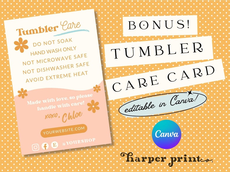 May include: A pink and white care card for a tumbler with instructions for hand washing only, avoiding extreme heat, and not using a microwave or dishwasher. The card has a floral design and the text "Tumbler Care" at the top. The text "Made with love, so please handle with care! xoxo, Chloe" is at the bottom of the card.