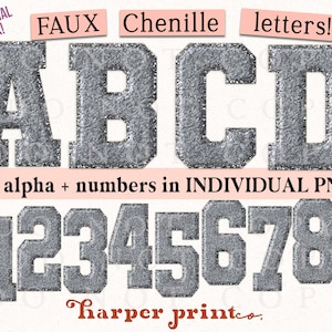 May include: A set of silver faux chenille letters and numbers in a bold, blocky font style. The letters are A, B, C, and D. The numbers are 0, 1, 2, 3, 4, 5, 6, 7, 8, and 9. The text "FAUX Chenille letters!" and "full alpha + numbers in INDIVIDUAL PNGS!" is also included in the image.