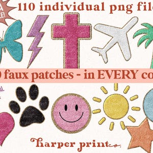 May include: A digital collection of 110 faux patches in various shapes including a butterfly, lightning bolt, cross, airplane, palm tree, heart, paw print, smiley face, sun, moon, and star, featuring textured surfaces and gold borders.