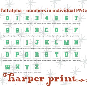 May include: A set of individual PNG files containing the alphabet and numbers in a green and white patterned font. The letters and numbers are outlined in black and have a textured appearance. The files are labeled with the letter or number and the file extension .png.