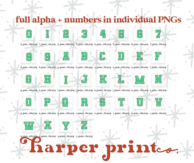 May include: A set of individual PNG files containing the alphabet and numbers in a green and white patterned font. The letters and numbers are outlined in black and have a textured appearance. The files are labeled with the letter or number and the file extension .png.
