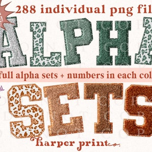 May include: A set of 288 individual PNG files featuring a variety of alphabet letters and numbers in different colors and patterns. The letters are in a bold, varsity-style font with a glittery texture. The patterns include a leopard print, a green and white pattern, and a brown and white pattern. The text on the image reads "MEGA BUNDLE! 288 individual png files! ALPHA 8 full alpha sets + numbers in each color! COMMERCIAL USE OK! SETS harper printeo."