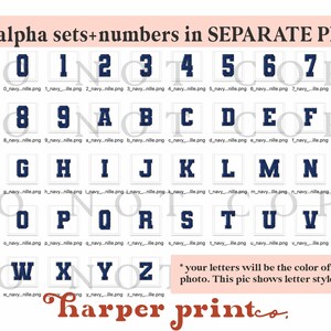 May include: A set of navy blue alphabet letters and numbers in separate PNG files. The letters and numbers are in a bold, blocky font style. The image includes the text "full alpha sets+numbers in SEPARATE PNGs!" and "harper printco."