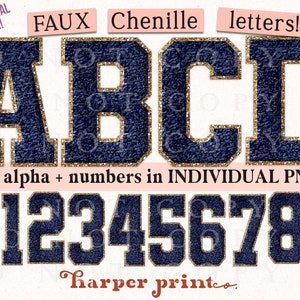 May include: Faux chenille letters in navy blue with gold glitter trim. The letters are A, B, C, and D. The numbers 0 through 9 are also included in the image. The text "COMMERCIAL USE OK!" and "full alpha + numbers in INDIVIDUAL PNGS!" are also included in the image.