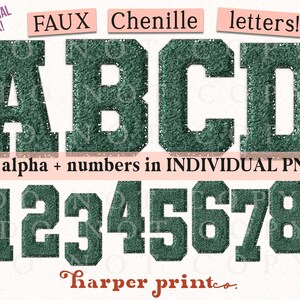 May include: Green faux chenille letters and numbers in a collegiate style. The image includes the letters A, B, C, and D, and the numbers 0 through 9. The text "FAUX Chenille letters!" is at the top.