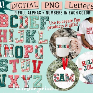 May include: Digital PNG letters in various colors, including red, teal, and pink, with gold trim. The image showcases the alphabet, along with examples of how the letters can be used on mugs, ornaments, and shirts. The text includes "MAMA CLAUS" and "HOLLY JOLLY".