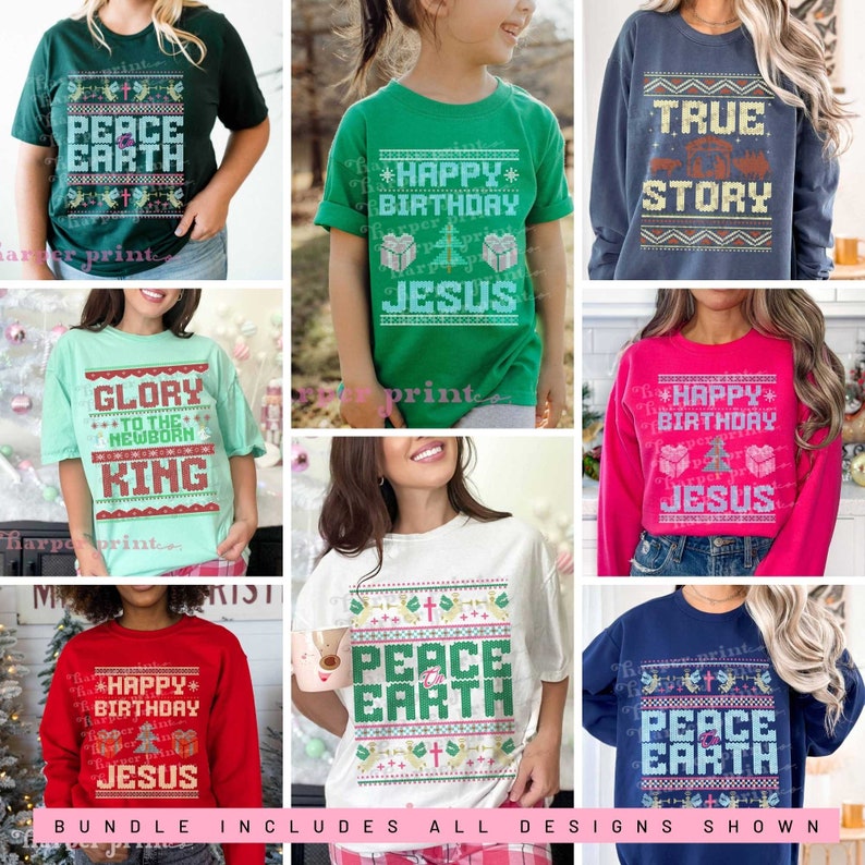 May include: A bundle of ten Christmas-themed t-shirt designs featuring various phrases and images, including "Peace on Earth", "Happy Birthday Jesus", "Glory to the Newborn King", and "True Story".