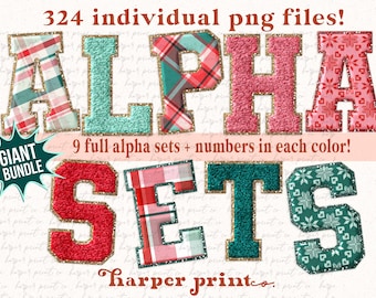May include: A set of 324 individual PNG files featuring a colorful alphabet and numbers in various patterns. The letters are in a bold, varsity-style font with a gold glitter outline. The patterns include plaid, snowflakes, and hearts. The text on the image reads "324 individual png files! ALPHA SETS harper printco".