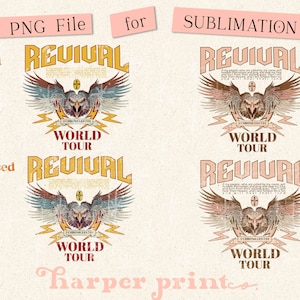 May include: A sublimation design featuring an eagle with wings spread, a cross, and the text "REVIVAL WORLD TOUR" in a distressed, vintage style.