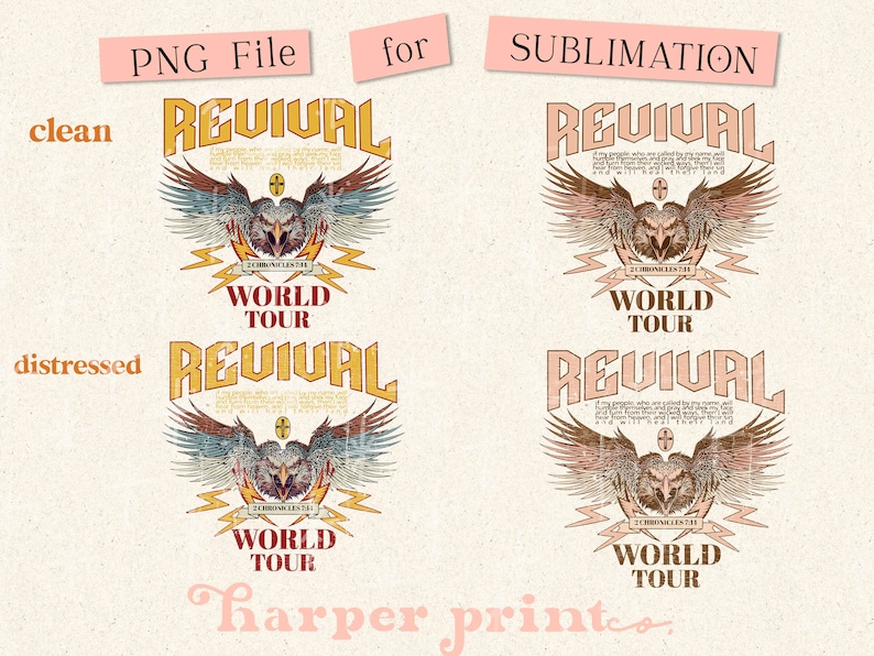 May include: A sublimation design featuring an eagle with wings spread, a cross, and the text "REVIVAL WORLD TOUR" in a distressed, vintage style.