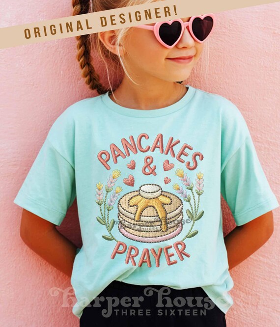 Kids Sublimation Designs for Toddler Girls PNG Christian SVG Pancakes & Prayer Popular Summer Png Childrens Tshirt Designs Jesus SVG Boho