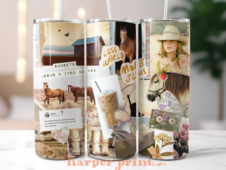 May include: Three stainless steel tumblers with a collage of images and text. The tumblers feature images of horses, sunsets, iced coffee, and a woman wearing a cowboy hat. The text on the tumblers includes "Sunsets", "Jesus & Iced Coffee", "Less World More Jesus", and "grace".